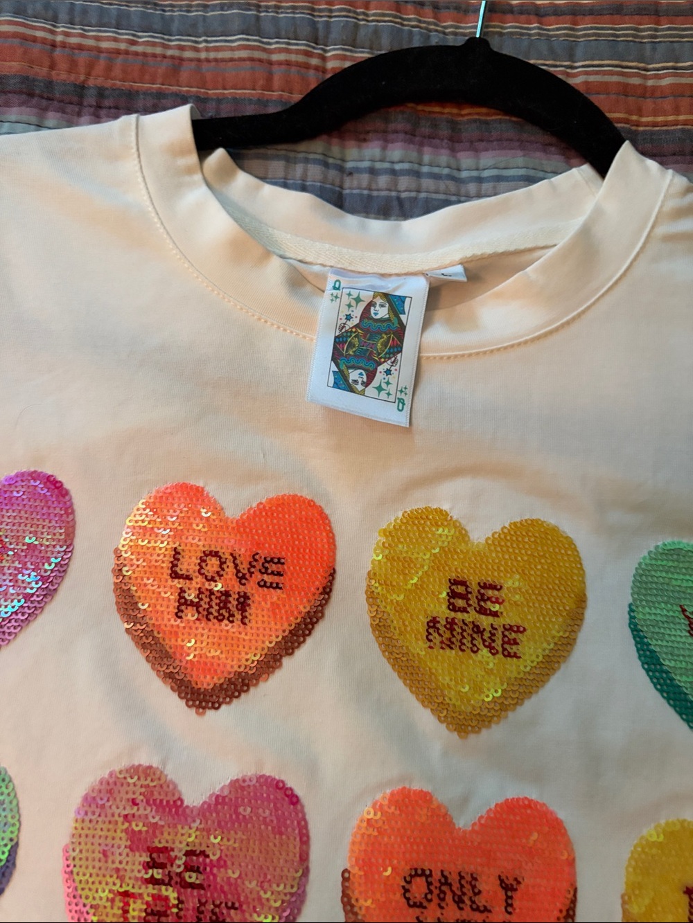 QUEEN OF SPARKLES Cream Short Sleeve Tee with Multicolored Sequin Hearts - Picture 2 of 7